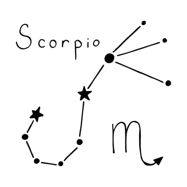 Vector ilustración vectorial del signo del zodiaco escorpio en estilo garabato elemento dibujado a mano para el diseño en astronomía astrología horóscopo adivinación esoterismo