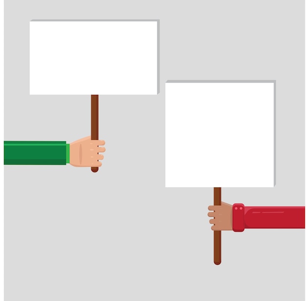 Ilustración vectorial de signos verdes en blanco con manos que sostienen