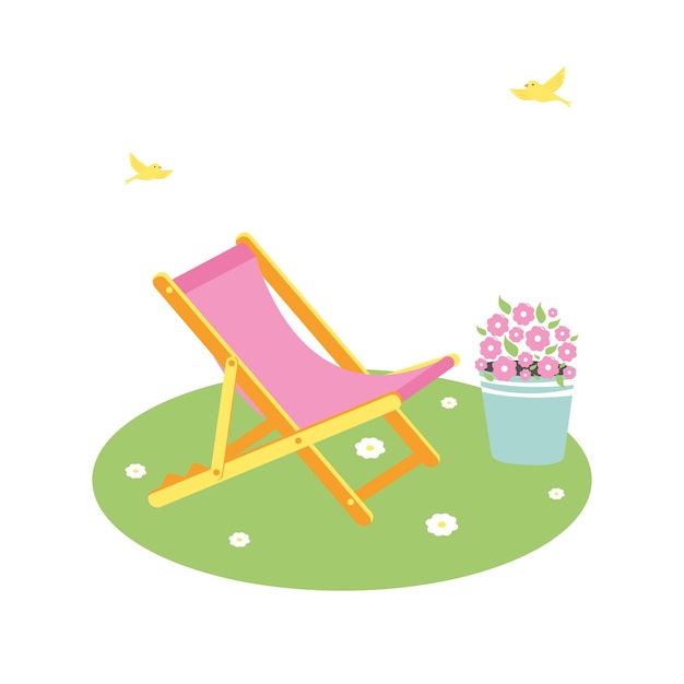 Vector ilustración vectorial de una silla de jardín y un balde de flores sobre un fondo blanco