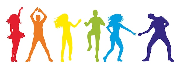 Ilustración vectorial de una silueta aislada de personas bailando coloridas