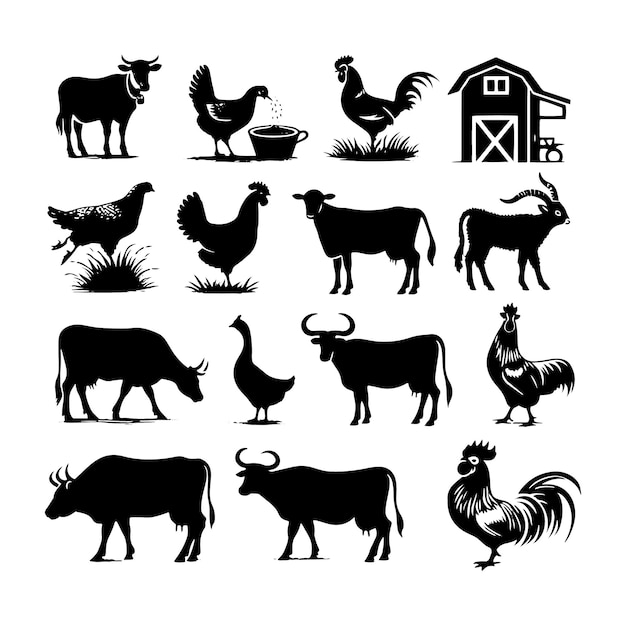Ilustración vectorial de la silueta de los animales de la granja