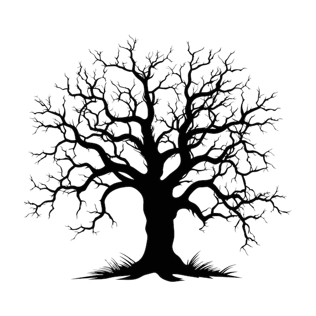 Ilustración vectorial Silueta de árbol desnudo sin hojas estériles muertas sin vida negra aterradora dibujada a mano aislada sobre fondo blanco