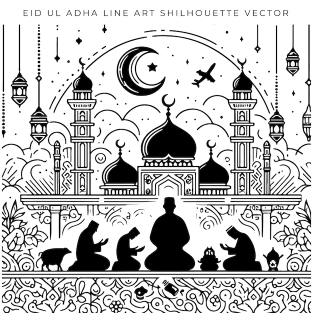 Vector ilustración vectorial de la silueta del arte de línea eid al adha mubarak