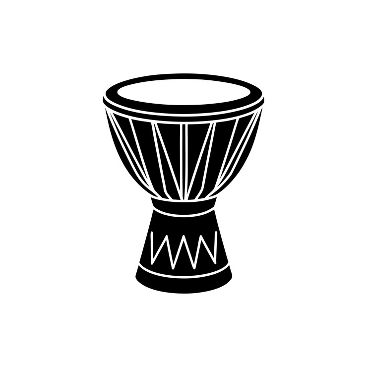 Una ilustración vectorial de silueta en blanco y negro de un tambor de djembe sobre un fondo blanco
