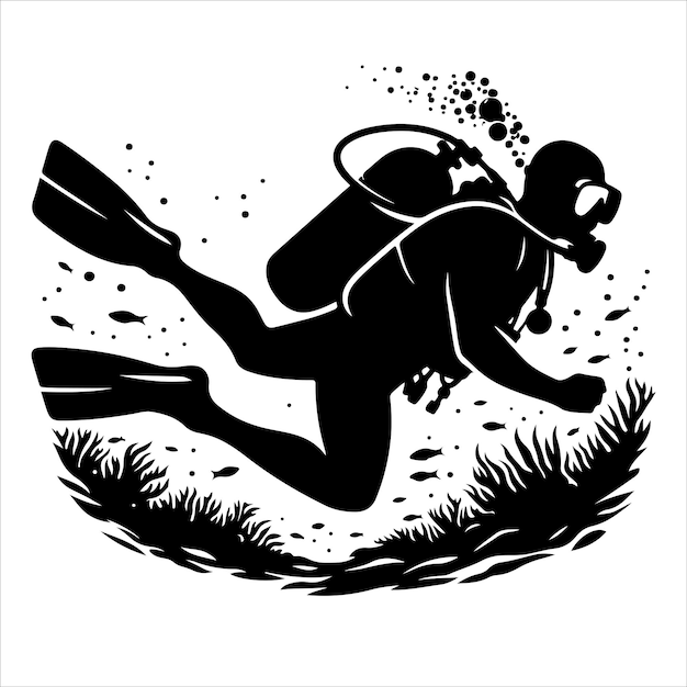 Ilustración vectorial de la silueta de buceo en fondo blanco
