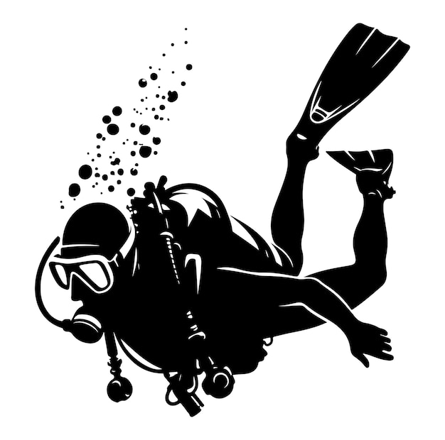 Una ilustración vectorial de silueta de buceo vectorial sobre un fondo blanco