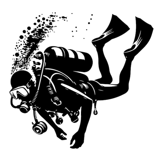 Una ilustración vectorial de silueta de buceo vectorial sobre un fondo blanco
