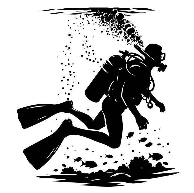 Ilustración vectorial silueta de buzo bajo el agua