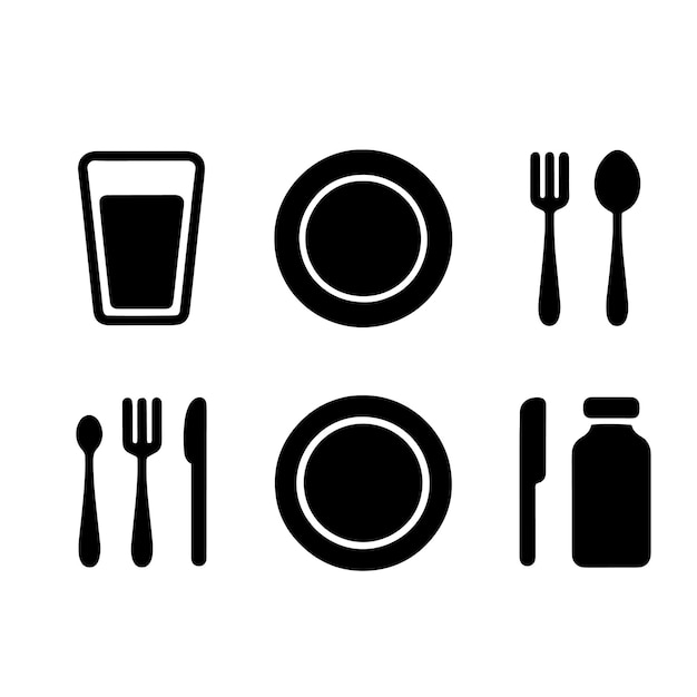 Ilustración vectorial de la silueta del conjunto de vajillas y cubiertos