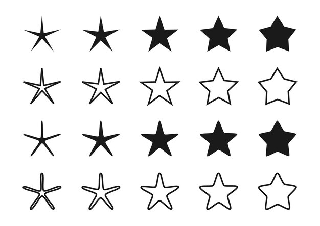 Ilustración vectorial de silueta de estrella negra y conjunto de formas de contorno