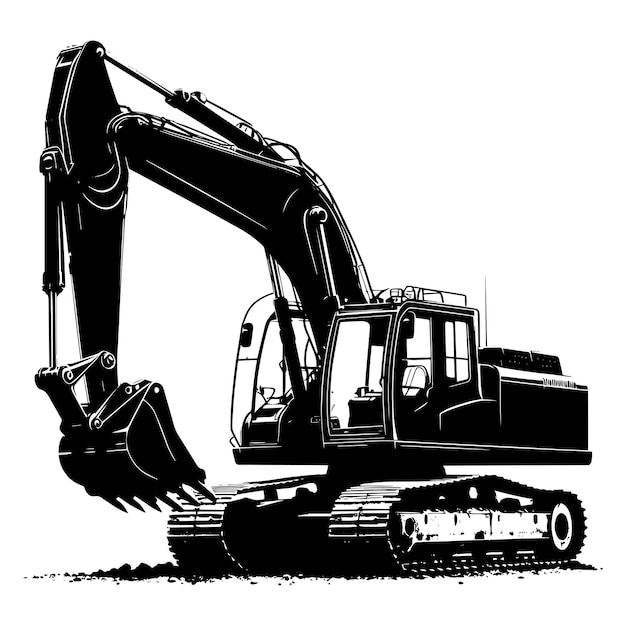 Ilustración vectorial de la silueta de una excavadora de construcción aislada sobre un fondo blanco