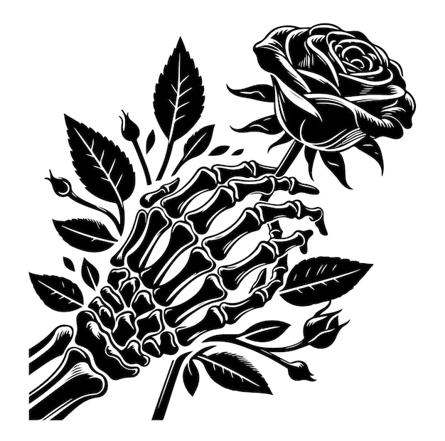 Ilustración vectorial de la silueta de la flor de la rosa con la mano del esqueleto