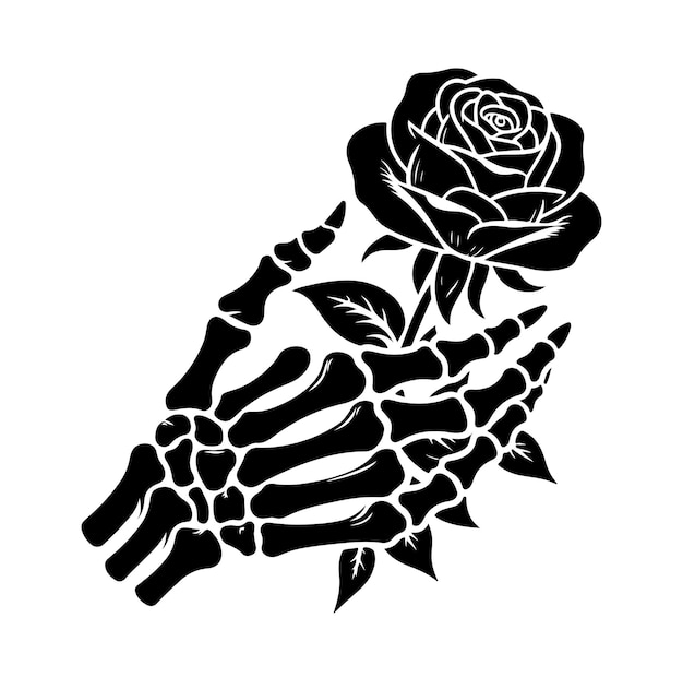 Ilustración vectorial de la silueta de la flor de la rosa con la mano del esqueleto