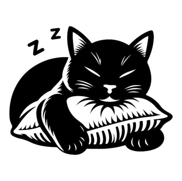 Una ilustración vectorial de silueta de un gato durmiendo con una almohada
