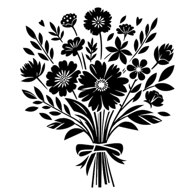 Ilustración vectorial de la silueta de un hermoso ramo de flores aislada sobre un fondo blanco