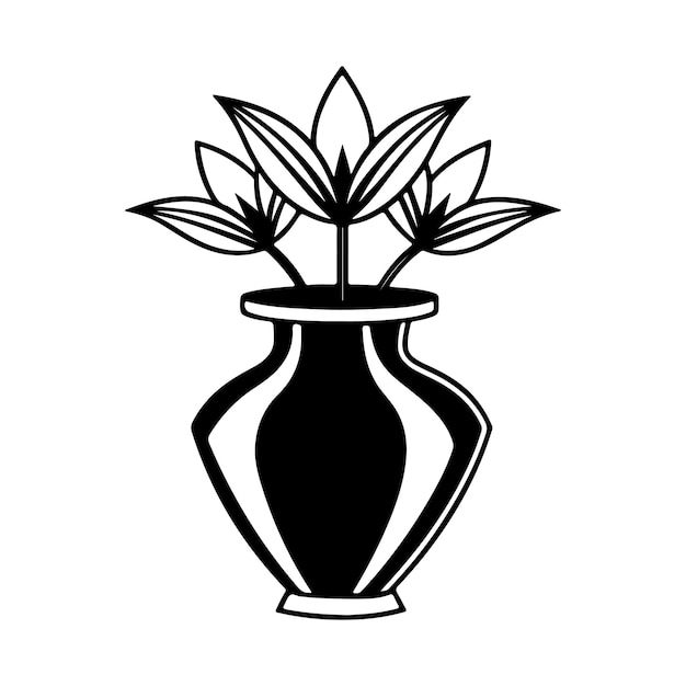 Ilustración vectorial de la silueta de un jarrón de flores con fondo blanco sólido