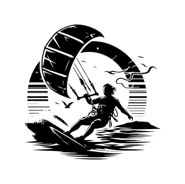 Ilustración vectorial de silueta de kitesurf y logotipo del icono