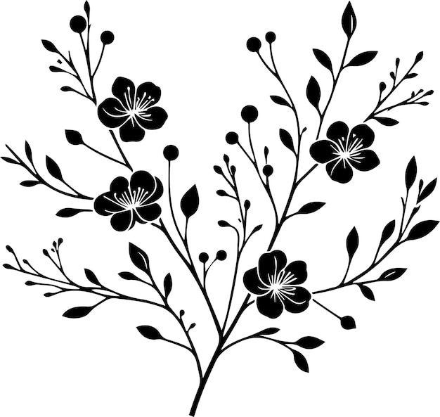 Ilustración vectorial de la silueta mínima de la rama floral en flor de fondo blanco 5