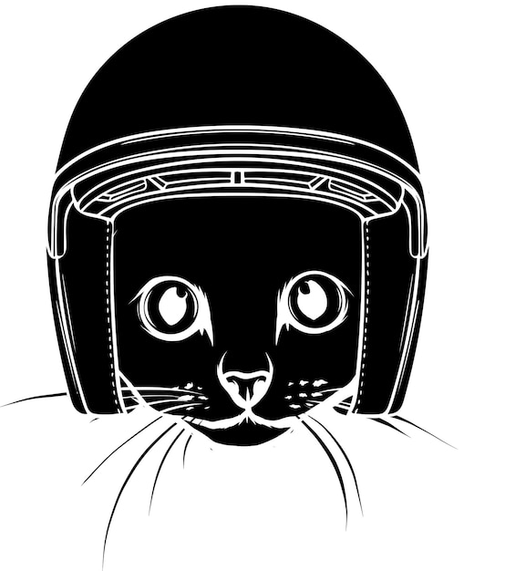 Ilustración vectorial de silueta negra de un gato en un casco