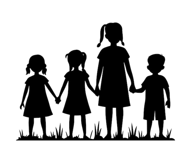 Ilustración vectorial de silueta de niñas que se toman de la mano