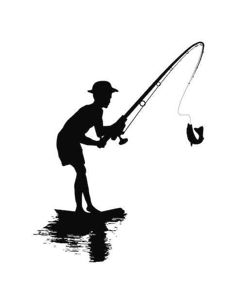 Ilustración vectorial de la silueta de un pescador con una caña en el agua