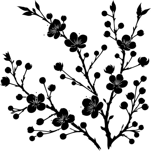 Ilustración vectorial de la silueta de la rama floral en flor mínima de fondo blanco