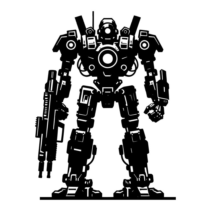 Vector ilustración vectorial de la silueta de un robot de guerra de acción moderno aislada sobre un fondo blanco