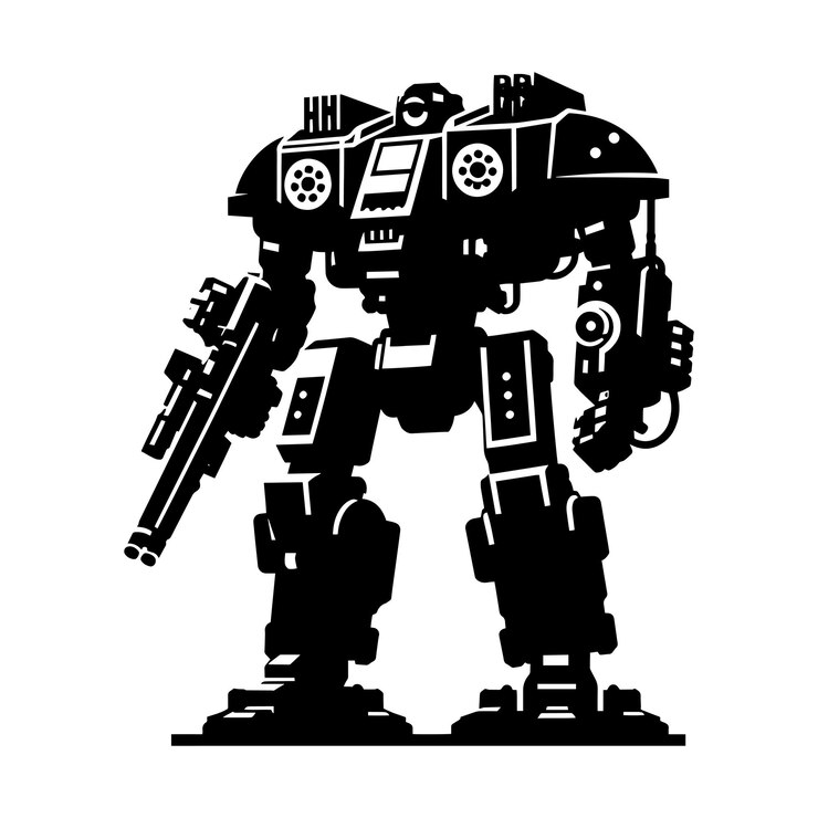 Vector ilustración vectorial de la silueta de un robot de guerra de acción moderno aislada sobre un fondo blanco