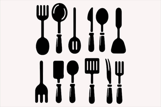 Ilustración vectorial de la silueta de los utensilios de cocina en un fondo blanco
