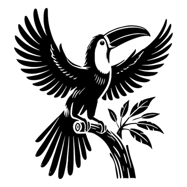 Ilustración vectorial de la silueta voladora del tucano aislada en un fondo blanco