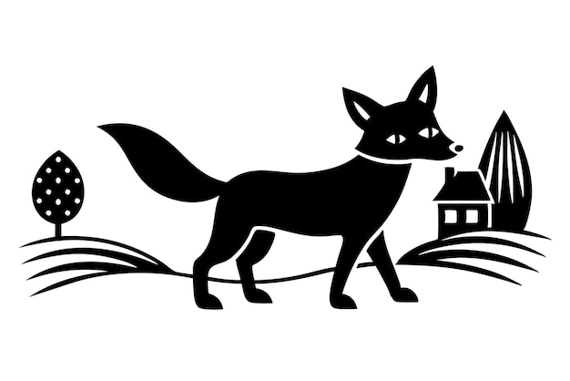 Ilustración vectorial de la silueta del zorro que camina por el campo
