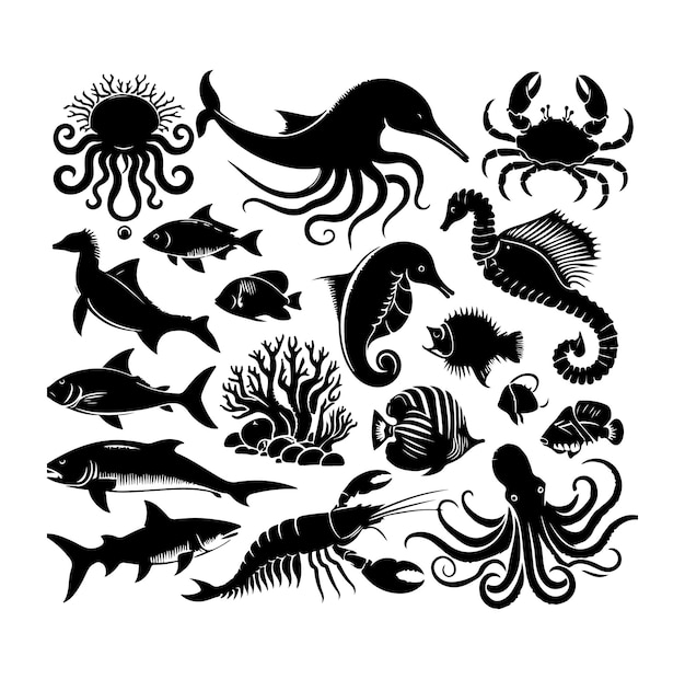 Ilustración vectorial de siluetas de animales submarinos aislados sobre un fondo blanco