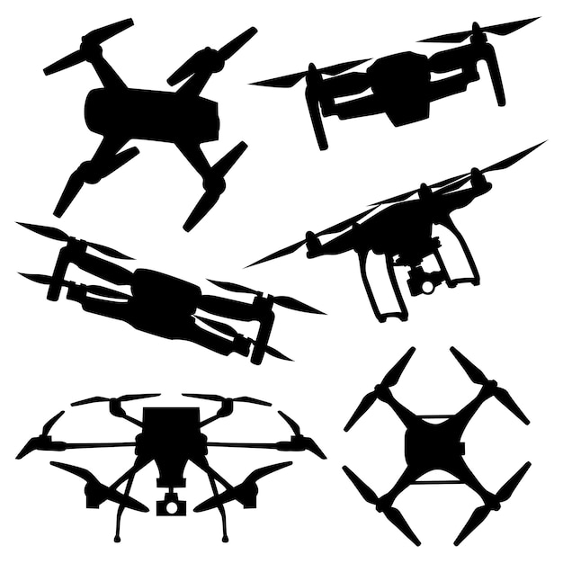 Ilustración vectorial de siluetas de drones voladores o de drones de entrega