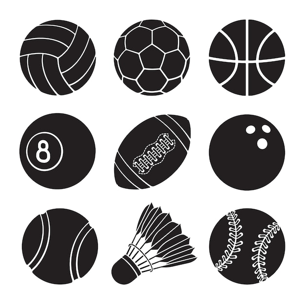 Ilustración vectorial Siluetas de fútbol, baloncesto, voleibol, deporte, pelotas, iconos, conjunto