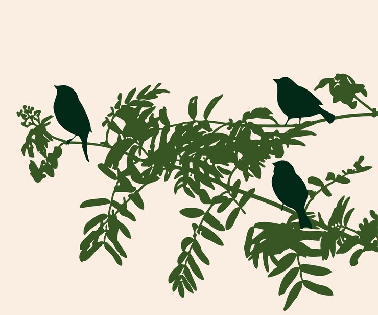 Vector ilustración vectorial de siluetas de gorriones pájaros en la rama de rowan con hojas verdes en verano