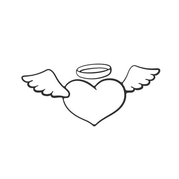 Ilustración vectorial Símbolo del día de San Valentín Corazón de ángel con alas y un halo Doodle dibujado a mano