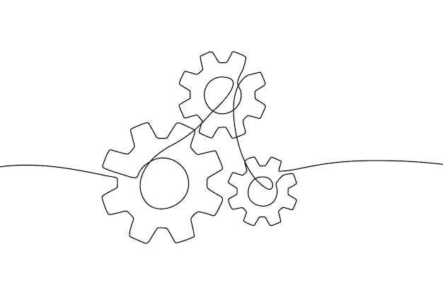 Ilustración vectorial del símbolo de línea continua única de los engranajes de la rueda de la máquina