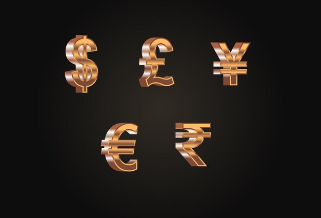 Ilustración vectorial de símbolos 3D de divisas doradas con signos de dólar, euro, libra, yen y rupias