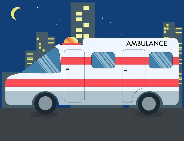 Ilustración vectorial simple de automóvil de ambulancia médica aislada en el fondo nocturno de la ciudad