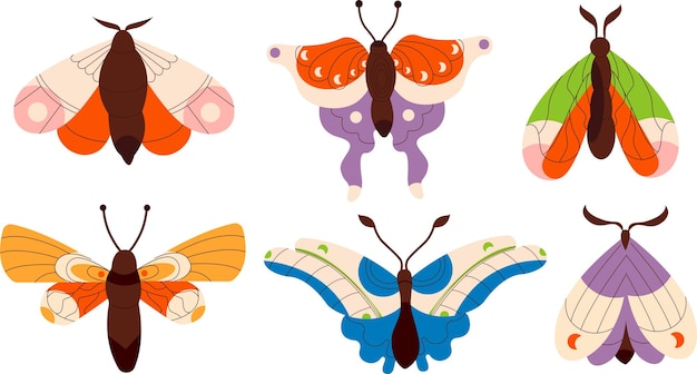 Ilustración vectorial simple de un conjunto de polillas criaturas voladoras sobre un fondo blanco