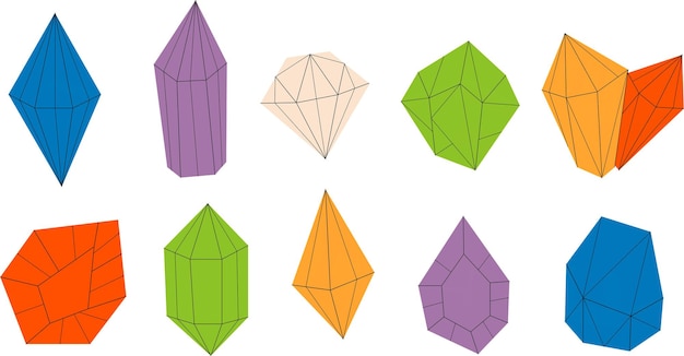 Ilustración vectorial simple de cristales Un conjunto de cristales simples multicolores