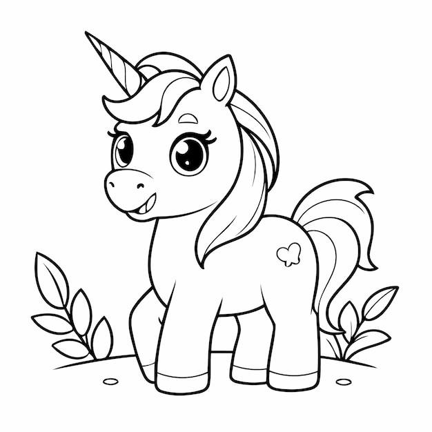 Ilustración vectorial simple de dibujo de unicornio para niños página de colorear