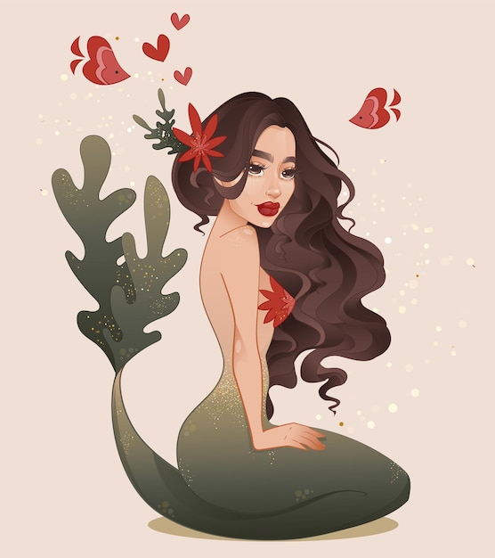 Ilustración vectorial Sirena sentada con pez rojo