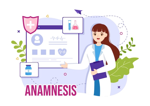 Vector ilustración vectorial del sistema de anamnesis para obtener información sobre la base de datos de enfermedades y atención médica