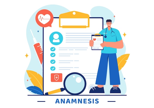 Ilustración vectorial de un sistema de anamnesis que proporciona información sobre enfermedades y bases de datos de atención médica en un fondo de dibujos animados de estilo plano