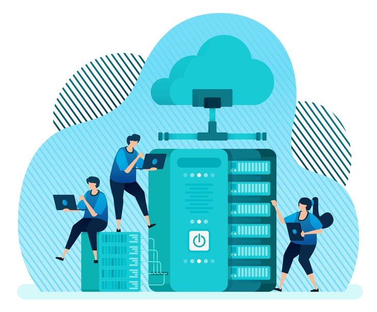 Vector ilustración vectorial para el sistema de gestión de bases de datos para la nube del servidor de alojamiento de respaldo de almacenamiento de datos