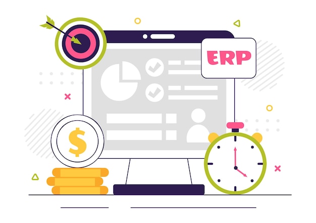 Ilustración vectorial del sistema de planificación de recursos empresariales (ERP) con integración empresarial, mejora de la productividad y mejora de la empresa