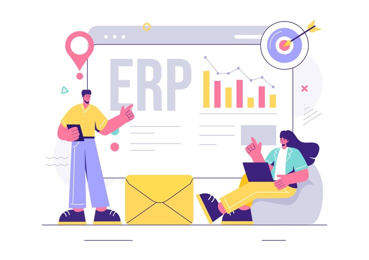 Vector ilustración vectorial del sistema de planificación de recursos empresariales erp con integración de negocios productividad y mejora de la empresa en un fondo plano