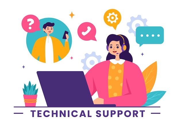 Ilustración vectorial de un sistema de soporte técnico con servicio al cliente de desarrollo de software y ayuda tecnológica en un fondo plano de dibujos animados