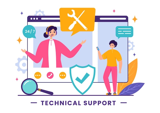 Ilustración vectorial de un sistema de soporte técnico con servicio al cliente de desarrollo de software y ayuda tecnológica en un fondo plano de dibujos animados